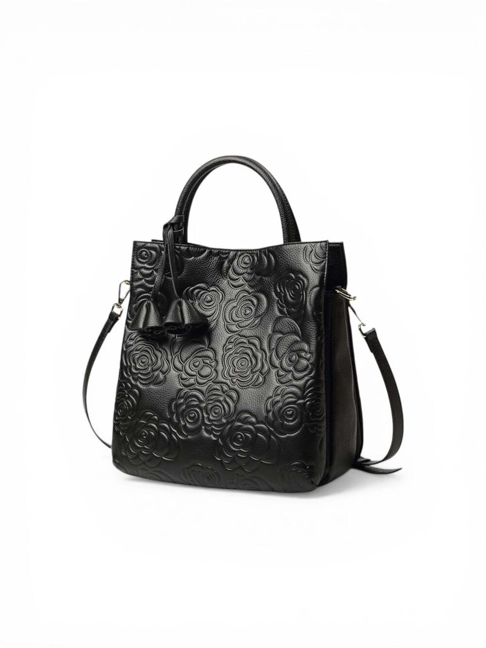Women's Black Genuine Leather Floral Embossed Crossbody Tote Bag - ,